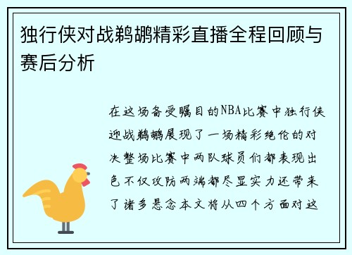 独行侠对战鹈鹕精彩直播全程回顾与赛后分析